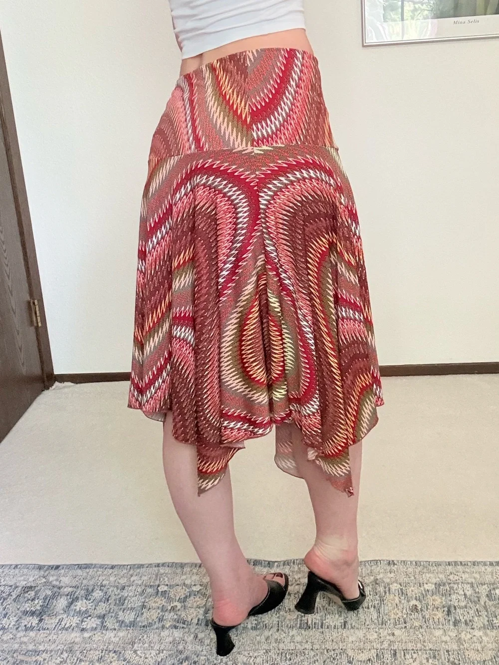 Y2K Low Rise Drop Waist Asymmetrical Hem Patterned Midi Skirt Fairy Boho